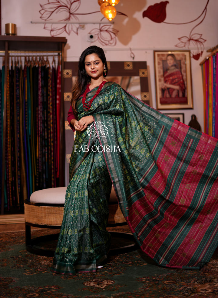 MASTER WEAVE EMERALD GREEN FULL BODY IKAT FINE JALLA WITH DOBBY TUSSAR SILK SAREE