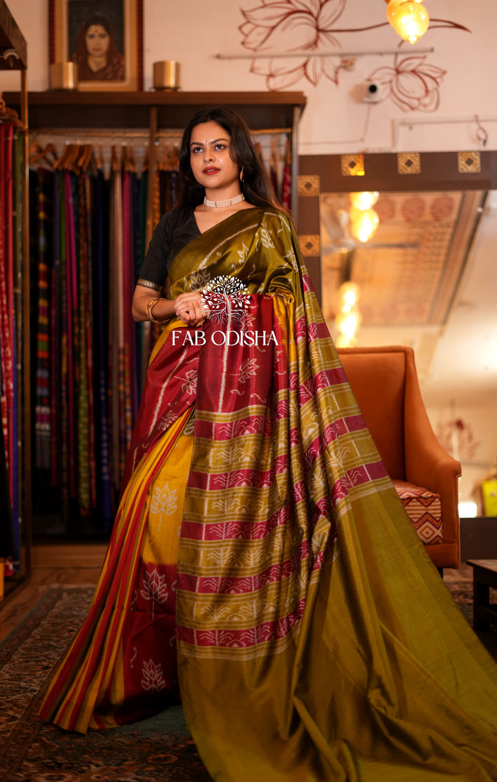 "REFRESHING TRI- COLOURED IKAT " ELITE MULBERRY HANDLOOM SILK SAREE