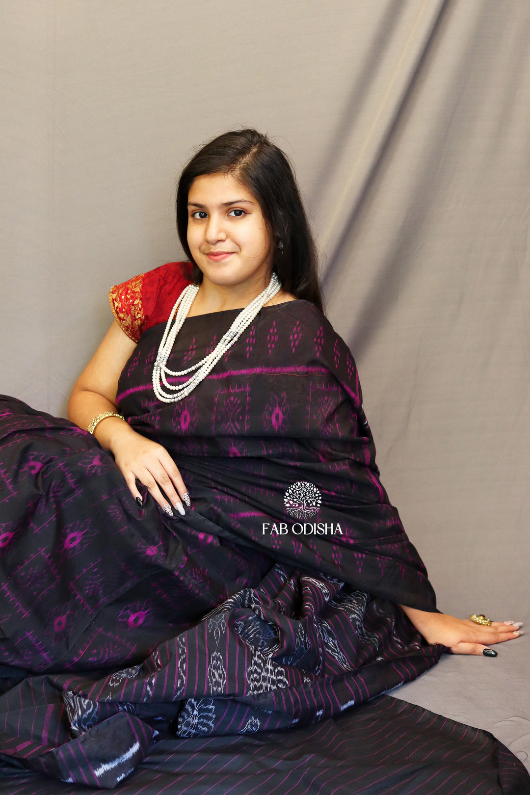 "FUSCHIA BLOOMS IN DARK MEADOWS" SAMBALPURI BANDHA COTTON-SILK