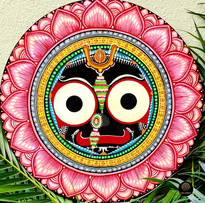 LARGE SIZED—18 INCHES HAND CARVED/HAND PAINTED JAGANNATH IN LOTUS WALL PLATE