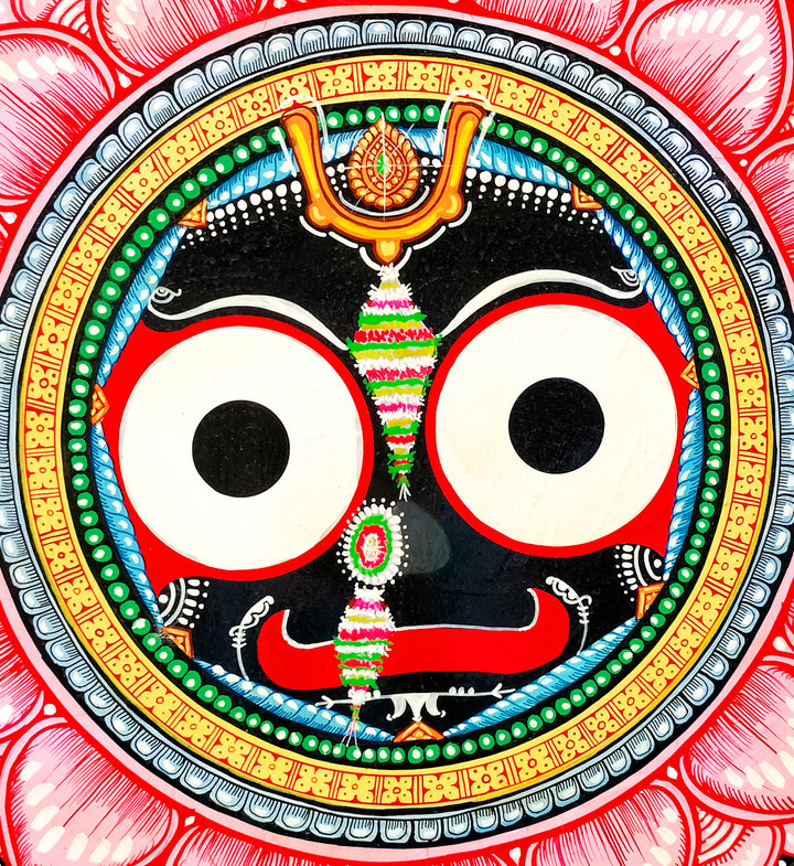 LARGE SIZED—18 INCHES HAND CARVED/HAND PAINTED JAGANNATH IN LOTUS WALL PLATE