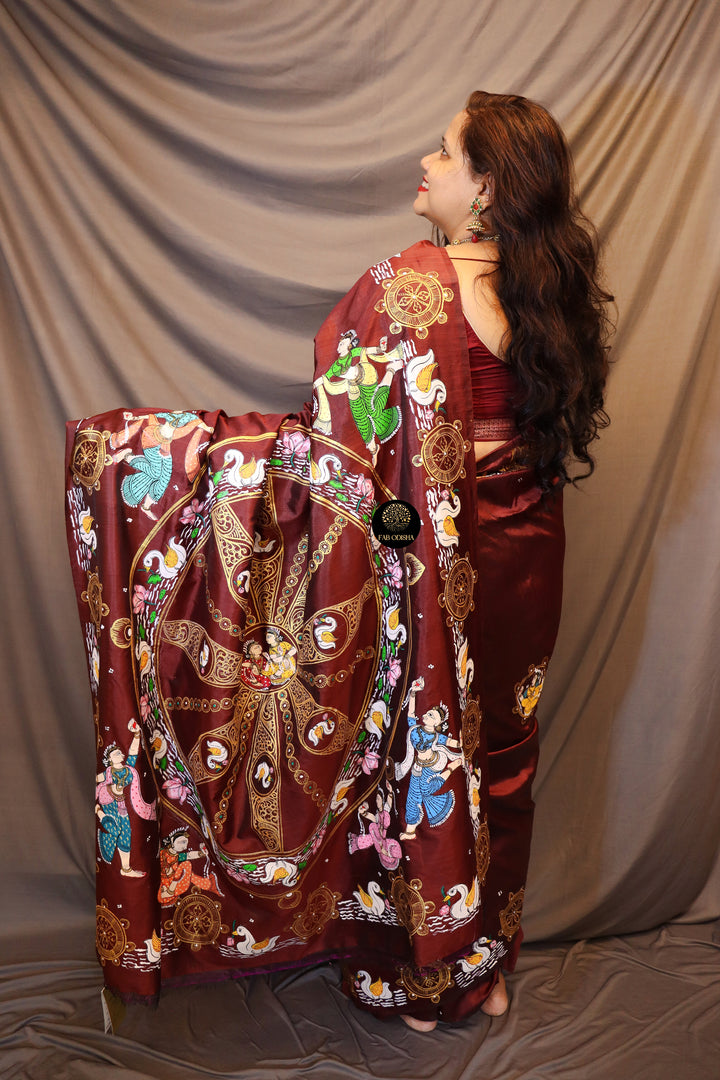 RED RUSTIC KONARK CULTURE PURE SILK PATTACHITRA SAREE