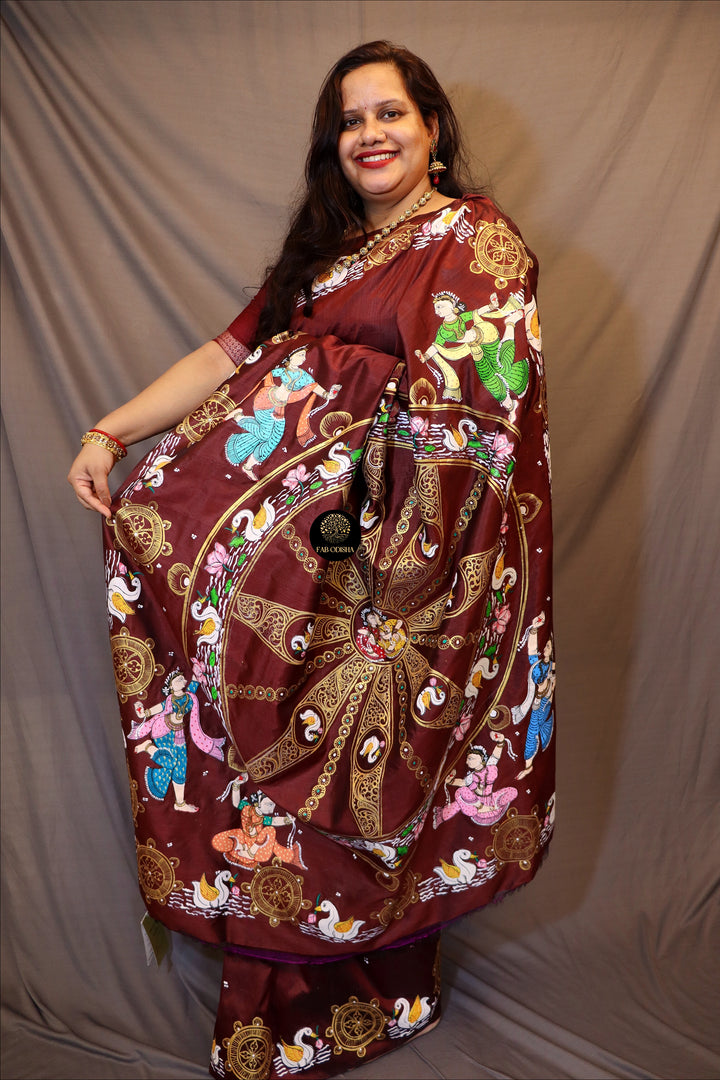 RED RUSTIC KONARK CULTURE PURE SILK PATTACHITRA SAREE