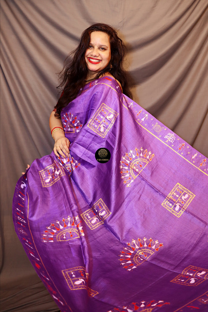 "WARLI ART ON A FINE TUSSAR PURPLE CANVAS" PATTACHITRA SAREE