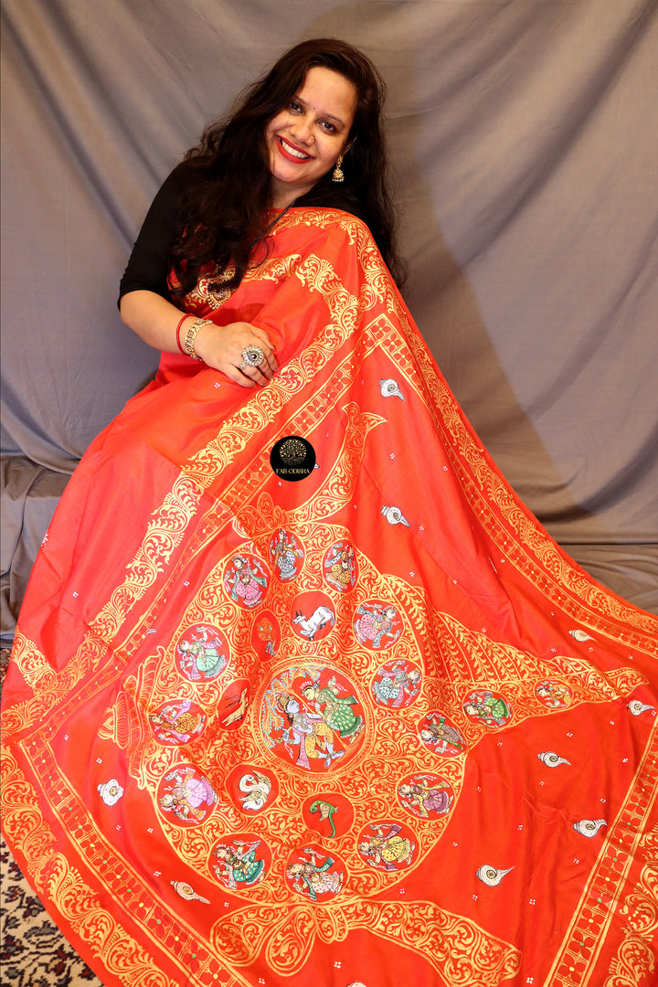 "SHREE KRISHNA'S SACRED SHANKH AND RASLEELA" PATTACHITRA SAREE