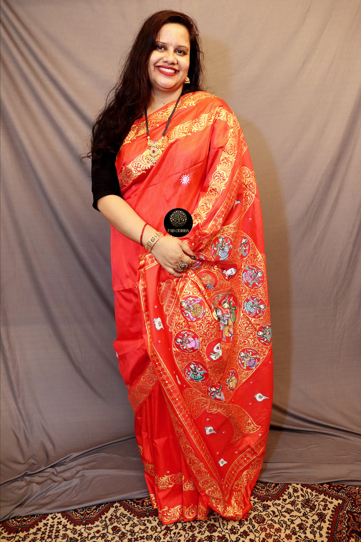 "SHREE KRISHNA'S SACRED SHANKH AND RASLEELA" PATTACHITRA SAREE