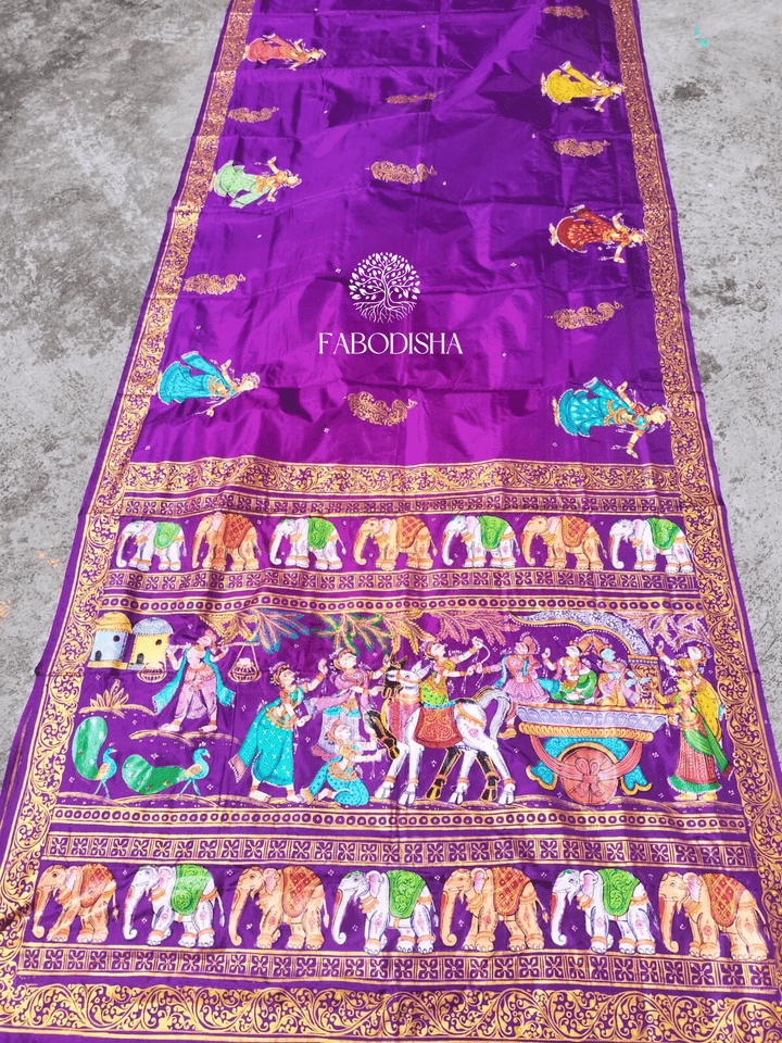 "KRISHNA AND BALARAM" MATHURA VIJAY ON PURE SILK PATTACHITRA SAREE