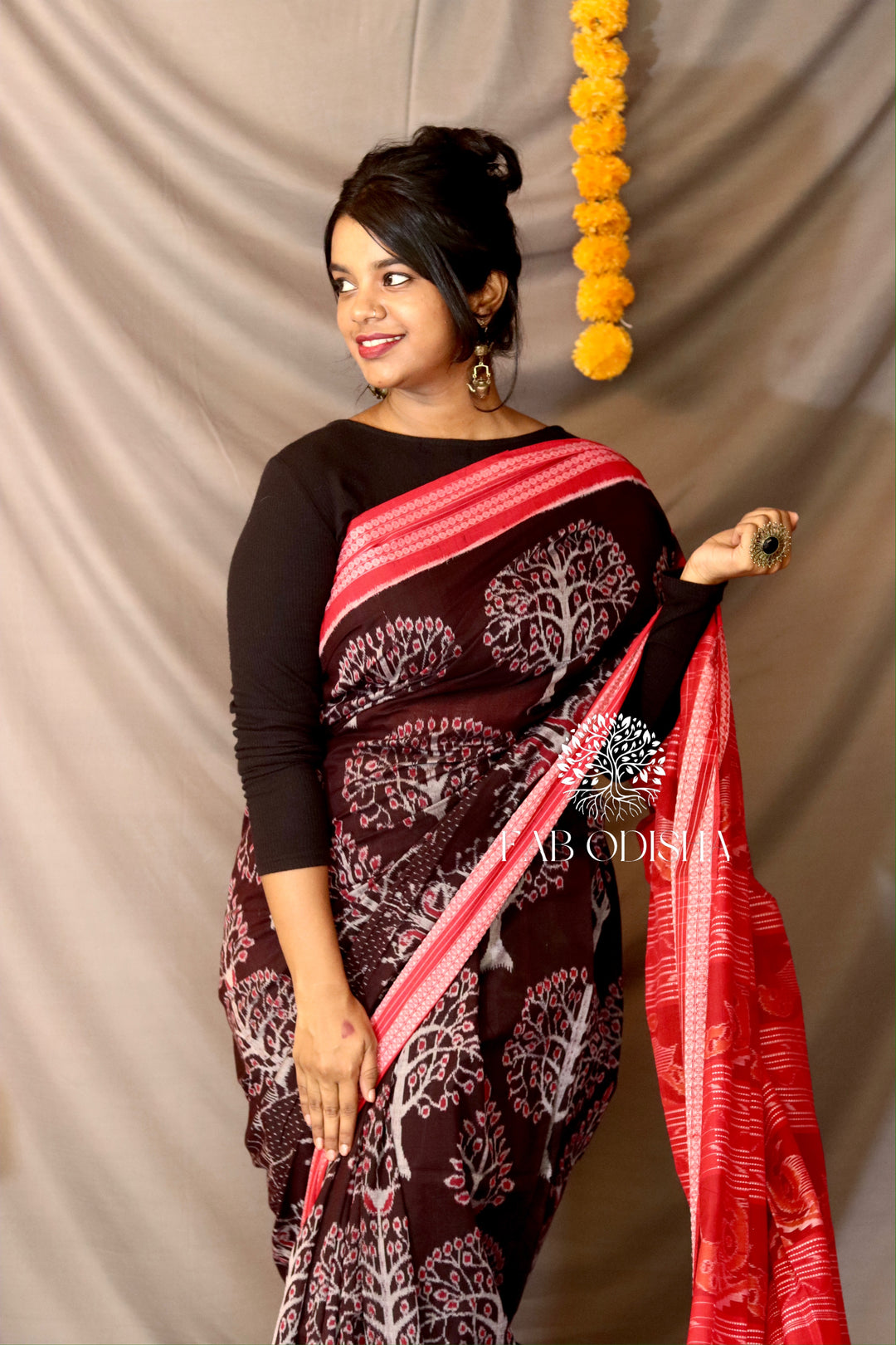 MESMERISING BLACK TREE OF LIFE SAMBALPURI COTTON SAREE