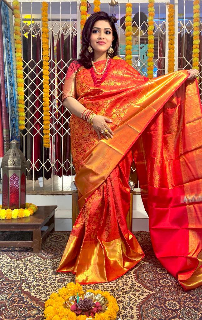 BRIDAL QUEEN KANJIVARAM GOLD ZARI SILK SAREE Fabodisha