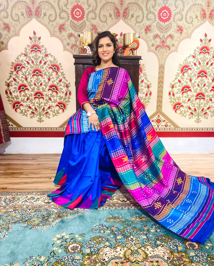 ROYAL MAGNANIMOUS BLUE MULTI KUMBHA BERHAMPURI DOUBLE PALLU SILK SAREE