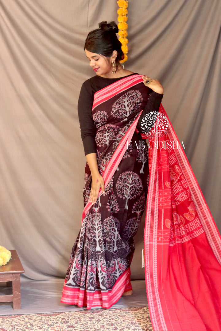 MESMERISING BLACK TREE OF LIFE SAMBALPURI COTTON SAREE