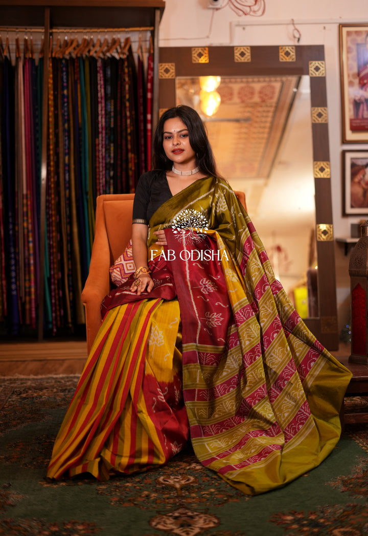 "REFRESHING TRI- COLOURED IKAT " ELITE MULBERRY HANDLOOM SILK SAREE