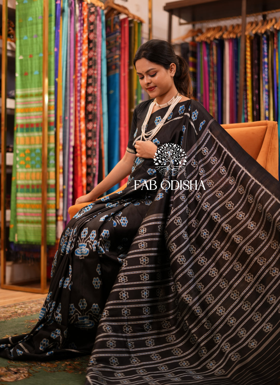 “PHOOLON-KI - RAAT” BLACK FLORAL IKAT MOTIF ELITE MULBERRY SILK SAREE