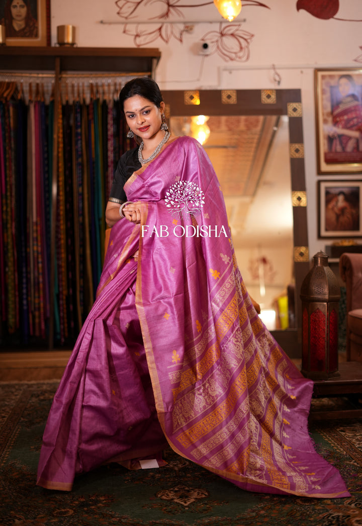 SUPER FINE LILAC EXCLUSIVE  PEACOCK AND DEODAR MOTIF HAND SPUN TUSSAR SILK SAREE