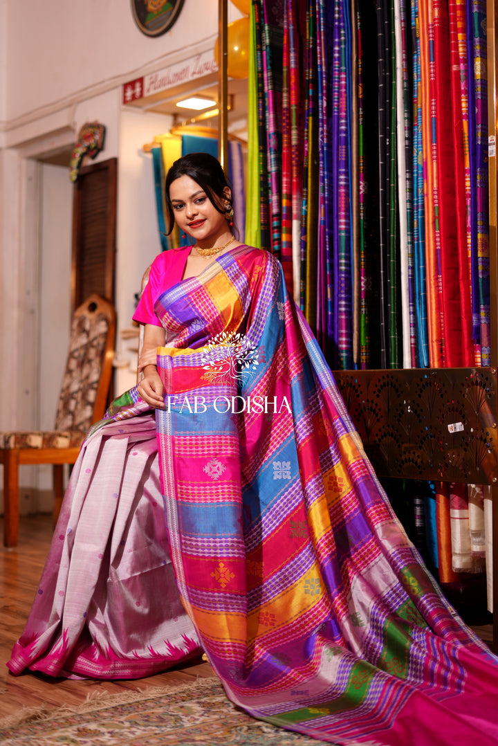 "CHANDINI BAHAR" PRECIOUS JHOTI MOTIF DOUBLE ANCHAL , RUDRAKH BORDER BERHAMPURI PATTA SAREE