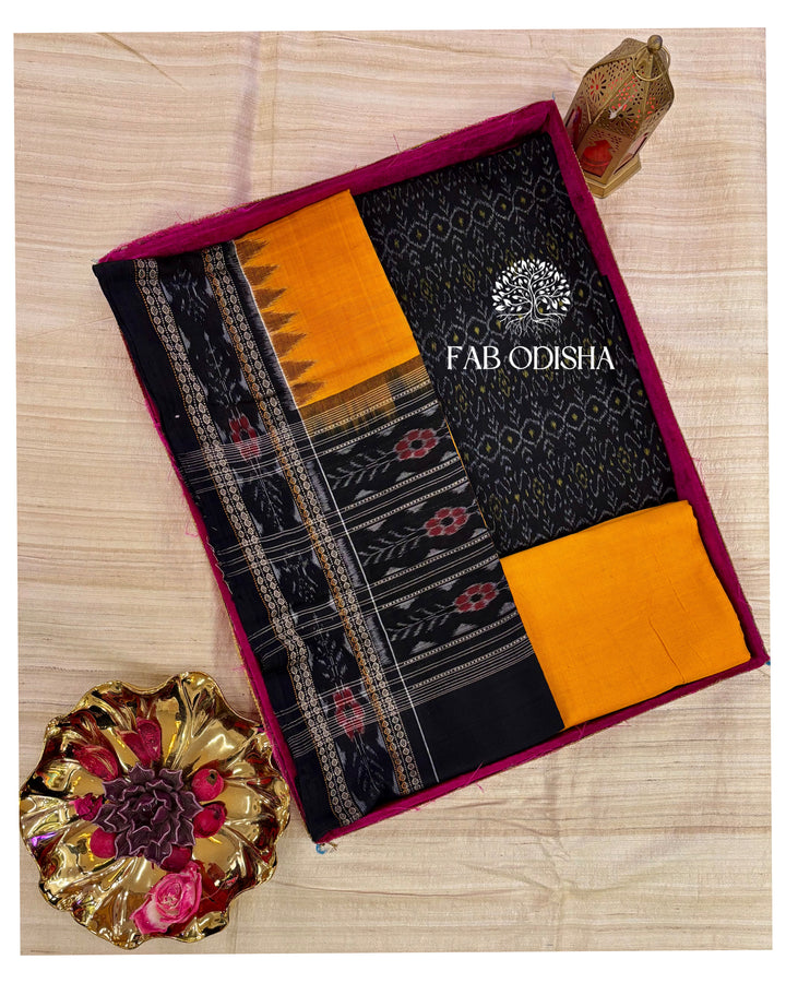 MUSTARD MASTI PURE SAMBALPURI PASSAPALI DOUBLE IKAT COTTON DRESS MATERIAL SET