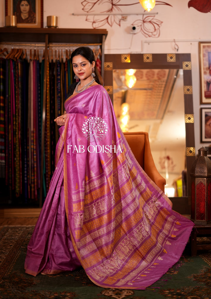 SUPER FINE LILAC EXCLUSIVE  PEACOCK AND DEODAR MOTIF HAND SPUN TUSSAR SILK SAREE