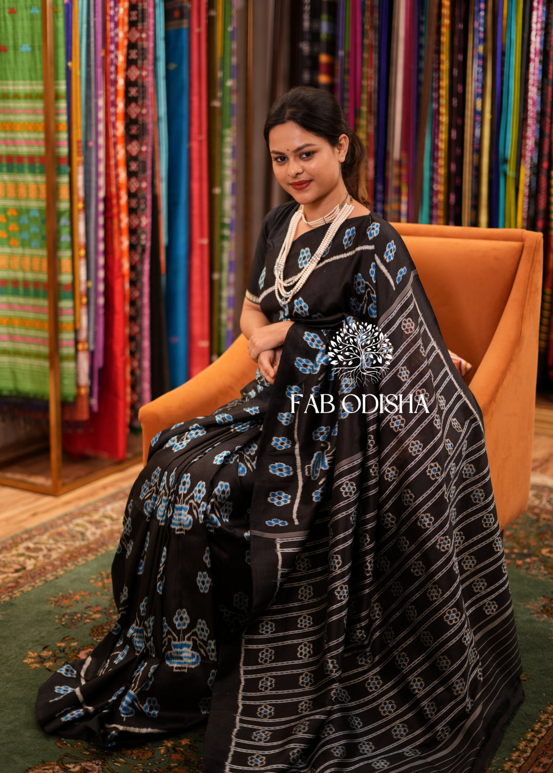 “PHOOLON-KI - RAAT” BLACK FLORAL IKAT MOTIF ELITE MULBERRY SILK SAREE