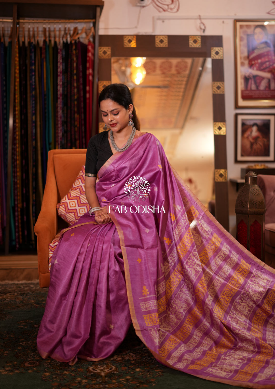 SUPER FINE LILAC EXCLUSIVE  PEACOCK AND DEODAR MOTIF HAND SPUN TUSSAR SILK SAREE