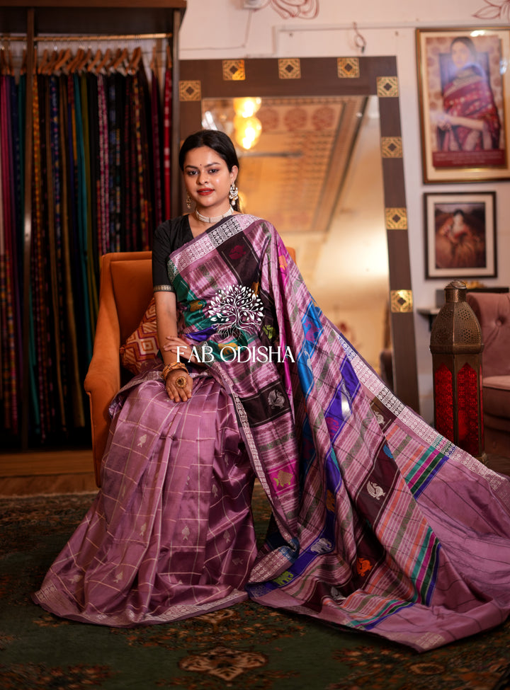 LILAC HUED CHECKERED DOUBLE ANCHAL BERHAMPURI PATTA