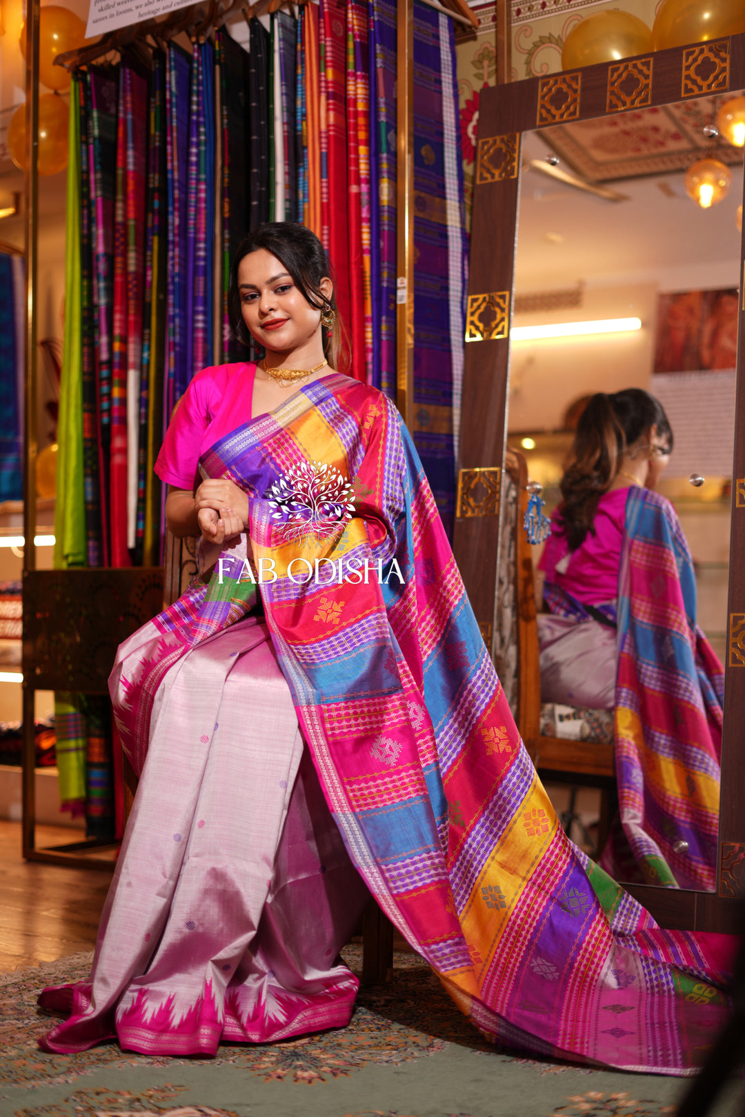 "CHANDINI BAHAR" PRECIOUS JHOTI MOTIF DOUBLE ANCHAL , RUDRAKH BORDER BERHAMPURI PATTA SAREE