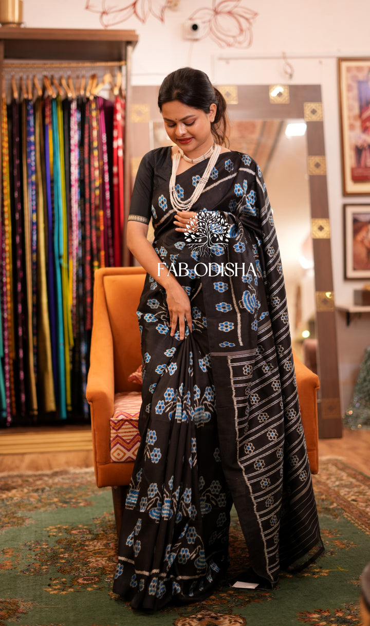 “PHOOLON-KI - RAAT” BLACK FLORAL IKAT MOTIF ELITE MULBERRY SILK SAREE