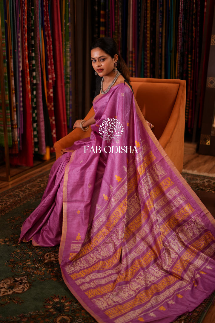 SUPER FINE LILAC EXCLUSIVE  PEACOCK AND DEODAR MOTIF HAND SPUN TUSSAR SILK SAREE