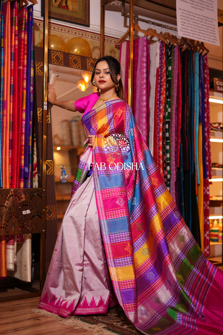 "CHANDINI BAHAR" PRECIOUS JHOTI MOTIF DOUBLE ANCHAL , RUDRAKH BORDER BERHAMPURI PATTA SAREE