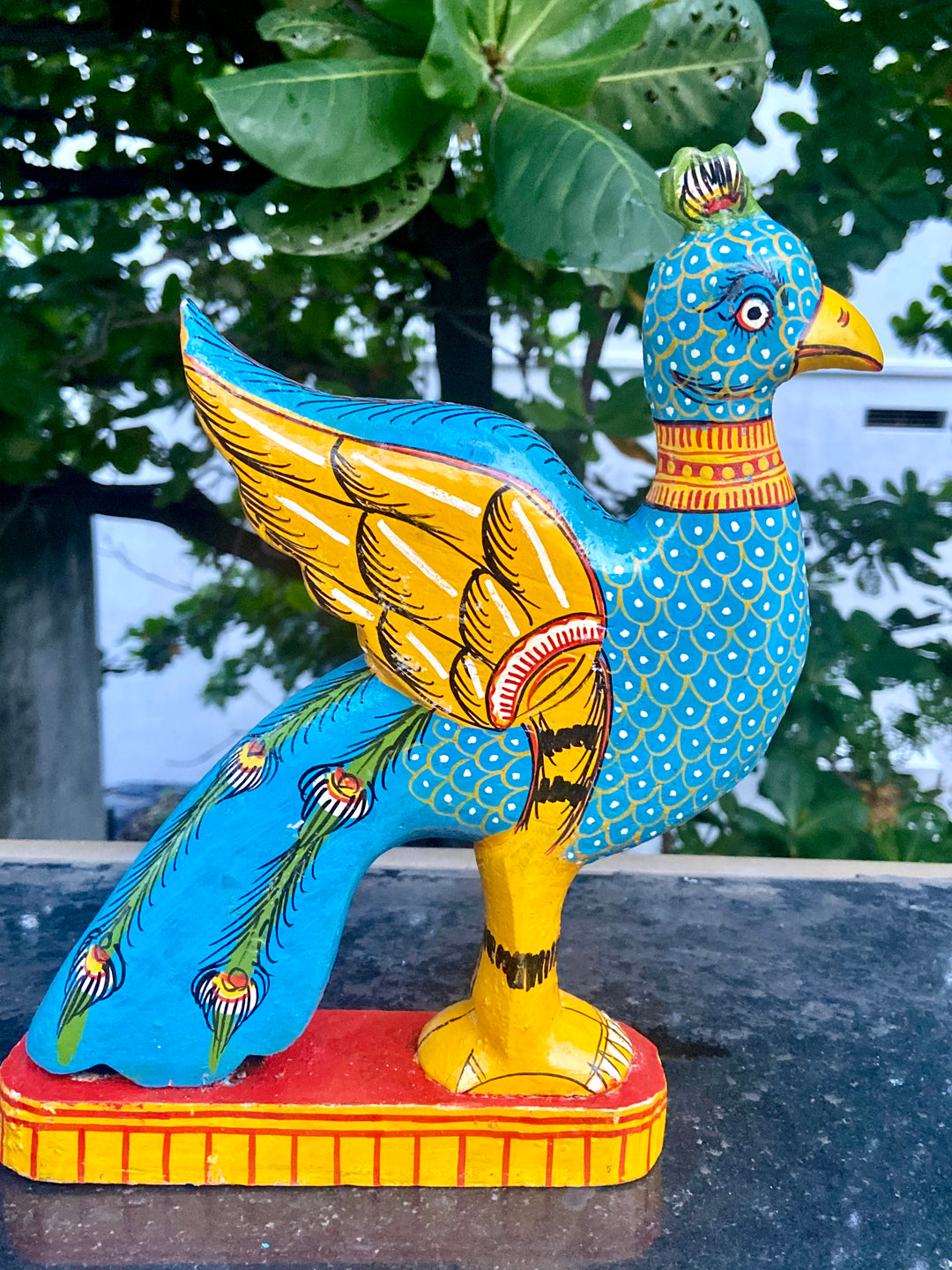 HAND-CARVED/HANDPAINTED WOODEN PEACOCK STAND