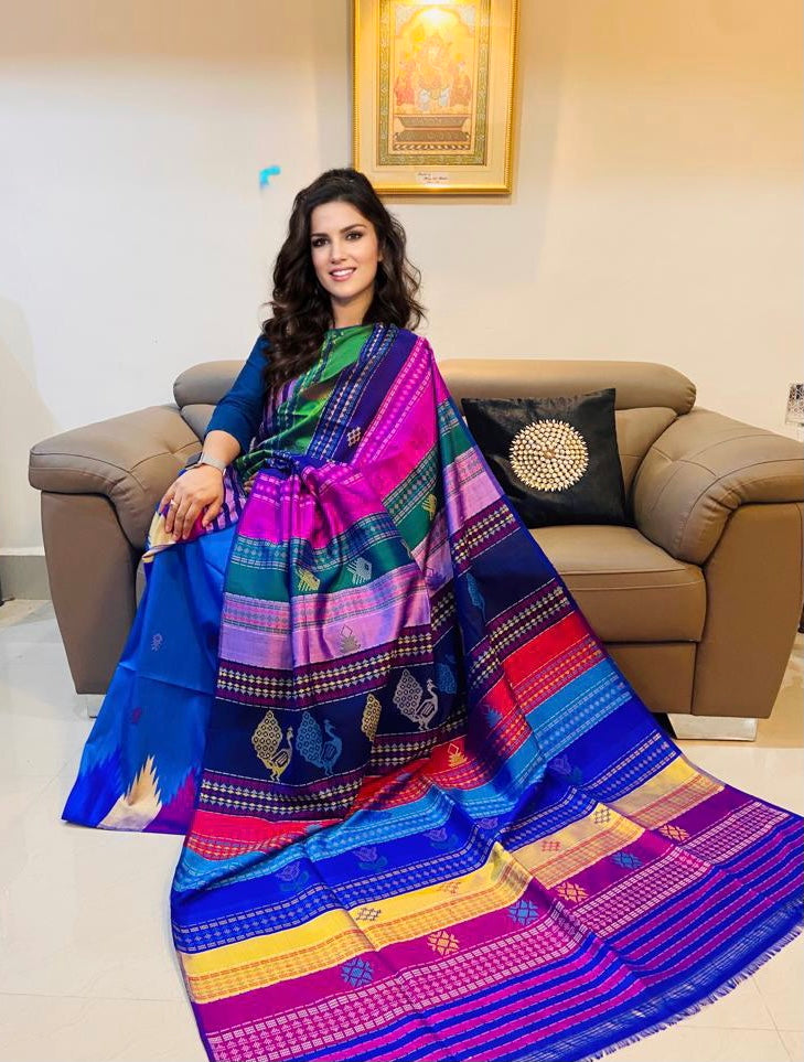 Buy Bong ButiQ Woven Berhampuri Cotton Silk Light Blue Sarees Online @ Best  Price In India | Flipkart.com