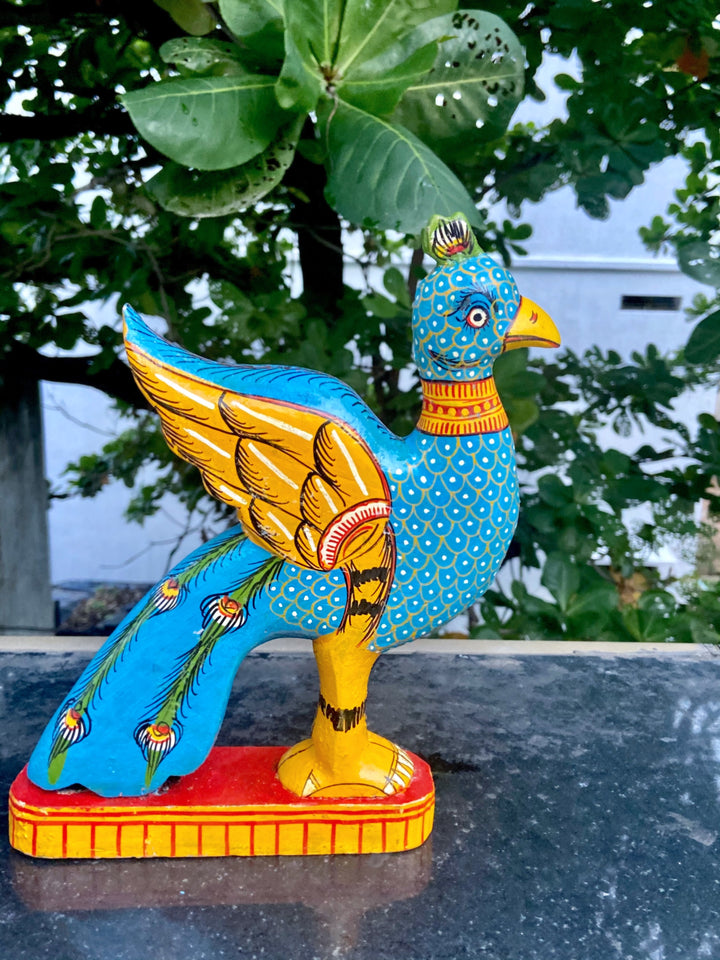 HAND-CARVED/HANDPAINTED WOODEN PEACOCK STAND